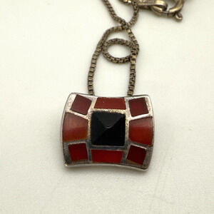 Vtg Sterling Silver 925 Italy Black Onyx? Stone & Red Coral? Pendant Necklace